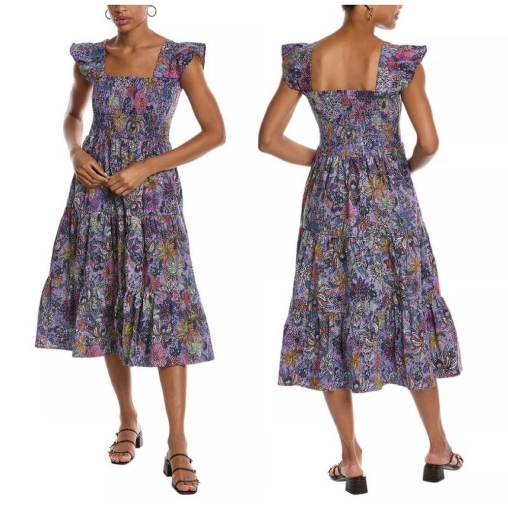 Jude Connally Midi Sun Dress Floral‎ Lilac Handpainted Cottagecore Prairie XL